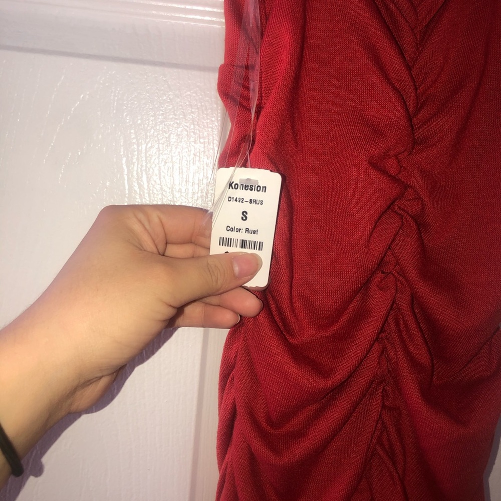 Rust, Ruched bodycon style dress.